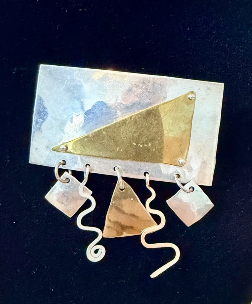Sterling Silver Modernist Kinetic Brooch Pin With Brass Geometric Dangle